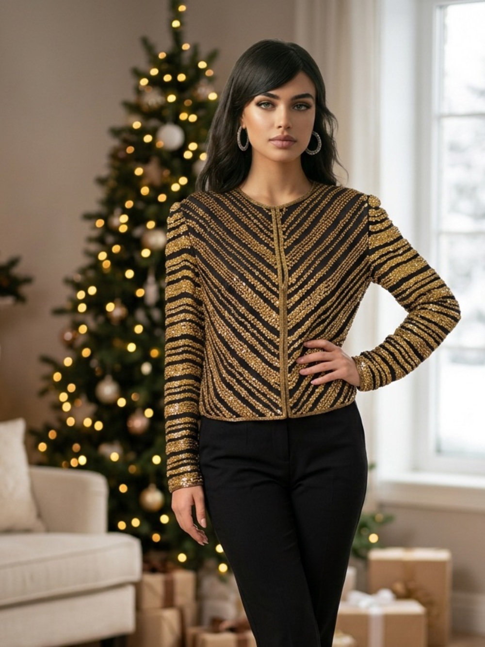 NWT Handmade Gold Sequin Jacket Size S Black silk and Gold Sequin/ beads - Picture 1 of 7